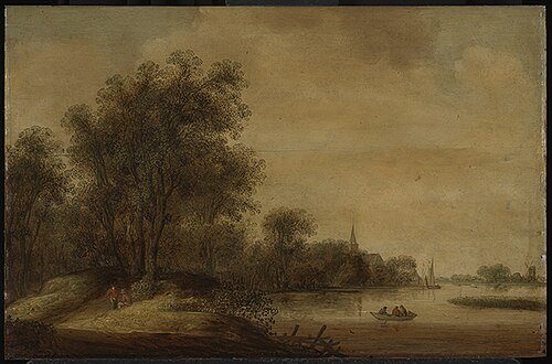 River landscape with a village in the distance, 1645, Wouter Knijff