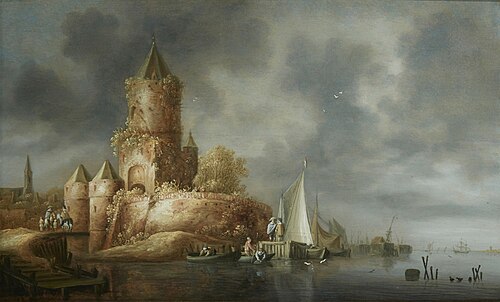 River landscape with a tower on the bank, , Wouter Knijff
