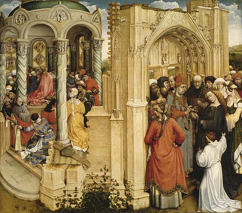 The miracle of the flowering rod (left); the marriage of Mary and Joseph (right), 1430, Robert Campin