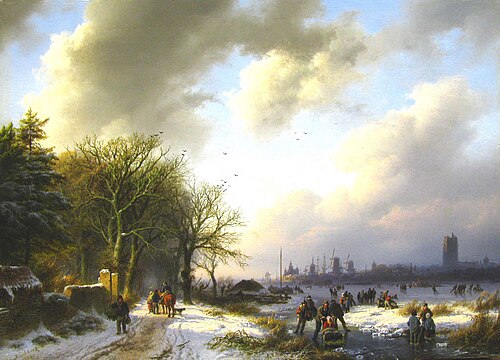 River view near Den Briel, with the Church of Den Briel, 1854, Barend Cornelis Koekkoek