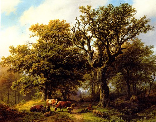 A herdsman and his cattle resting under an oak tree, a ruin in the distance, , Barend Cornelis Koekkoek