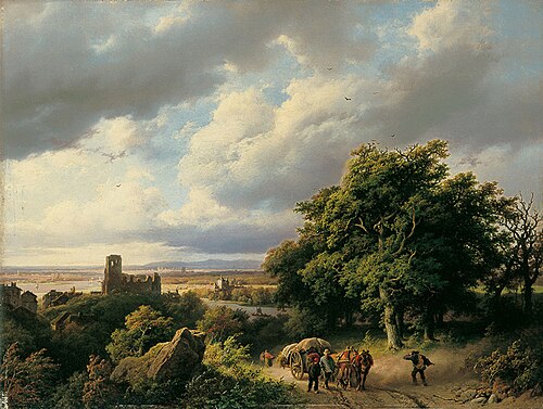 Flußlandschaft mit Ruine und Pferdewagen, 1855, Barend Cornelis Koekkoek