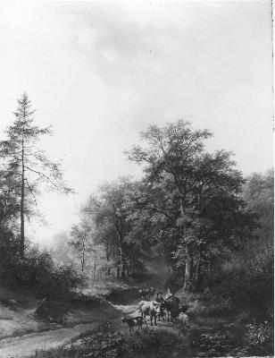 Boeren met rundvee bij een water aan de ingang van een bos, 1838, Barend Cornelis Koekkoek