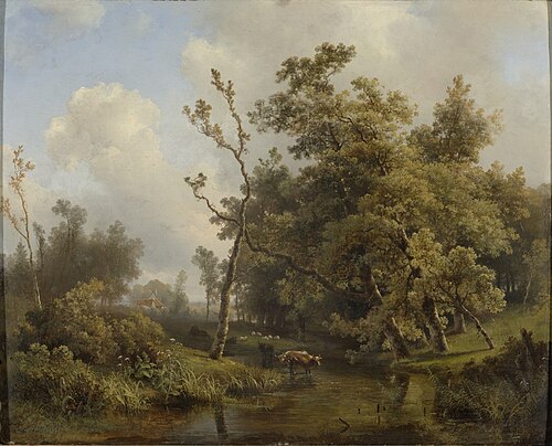 Boslandschap met koeien in beek, 1843, Barend Cornelis Koekkoek