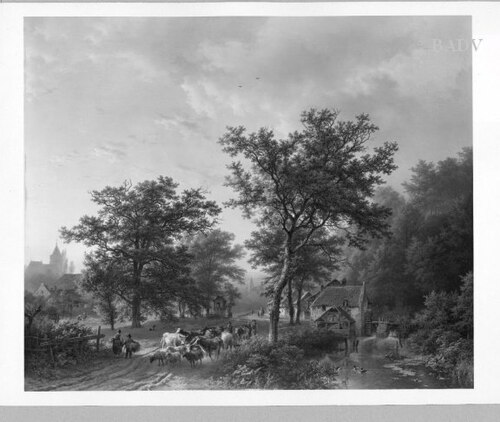 Landschap met watermolen en boeren die vee over een zandweg drijven, 1852, Barend Cornelis Koekkoek
