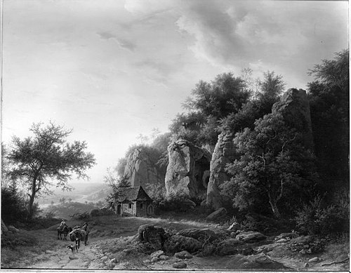 Felsenlandschaft mit Stolleneingang und Kapelle, 1844, Barend Cornelis Koekkoek