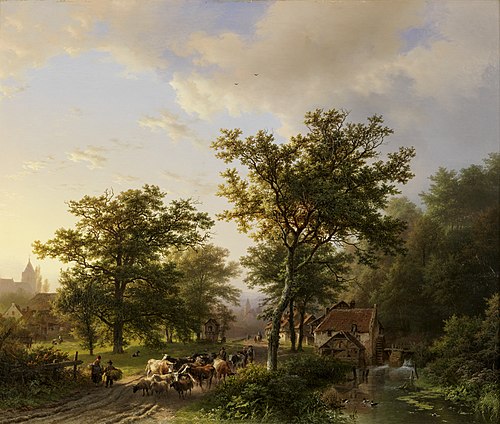 Landschap met watermolen en veedrijvende boeren, 1852, Barend Cornelis Koekkoek