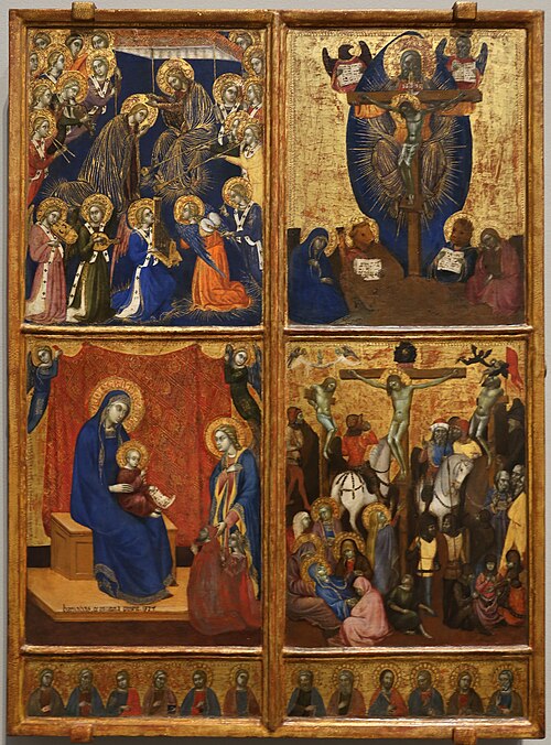 incoronazione della vergine, trinità, madonna col bambino e crocifissione, 1374, Barnaba da Modena