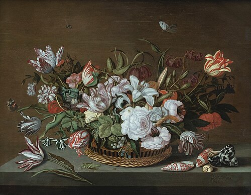 Flowers in a Basket on a Ledge with Shells, 1641, Bartholomeus Assteyn