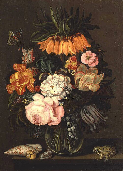 Stilleven met bloemen, schelpen en een kikker, 1631, Bartholomeus Assteyn