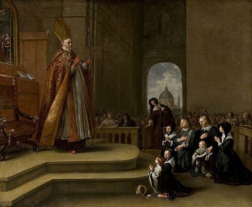 Bishop Rovenius blessing a Family (of Jacob van Wassenaer?), 1650, Bartholomeus Breenbergh