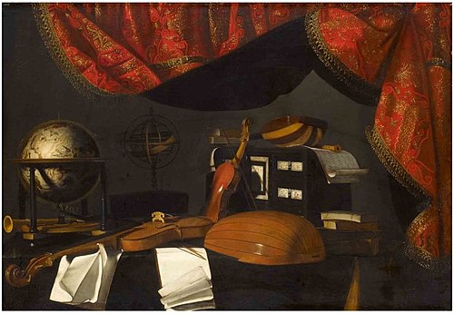 A still life with musical instruments and a globe on a table, a curtain behind, , Bartolomeo Bettera