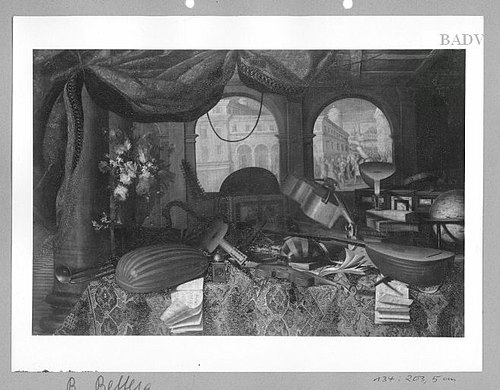 Stillleben mit Musikinstrumenten und Blumen, im Hintergrund eine Stadt, 1671, Bartolomeo Bettera