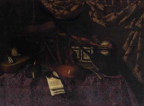 Stilleben mit Musikinstrumenten, Notenblättern, Himmelsglobus und Muschel, , Bartolomeo Bettera