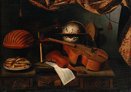 Stilleben mit Musikinstrumenten, Globus und einem Teller mit Gebäck, , Bartolomeo Bettera