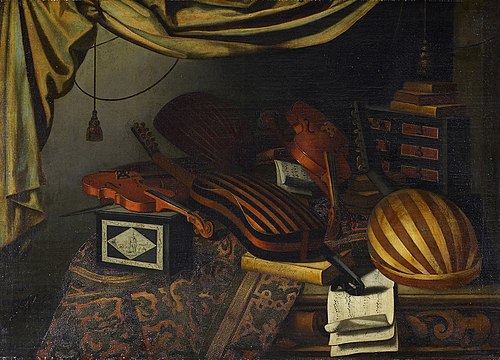 Stilleben mit Musikinstrumenten, Notenblättern und Büchern, , Bartolomeo Bettera