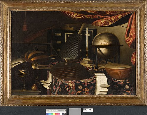 Stilleven met muziekinstrumenten, astrolabe, globe en kandelaar, , Bartolomeo Bettera