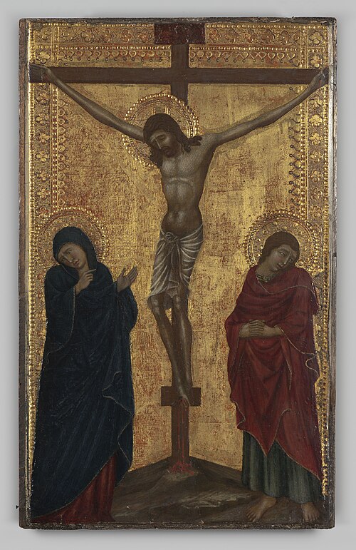 Paneelschildering "Kruisiging met Maria en Johannes" op hout door Bartolomeo Bulgarini, circa 1335-1, 1337, Bartolomeo Bulgarini