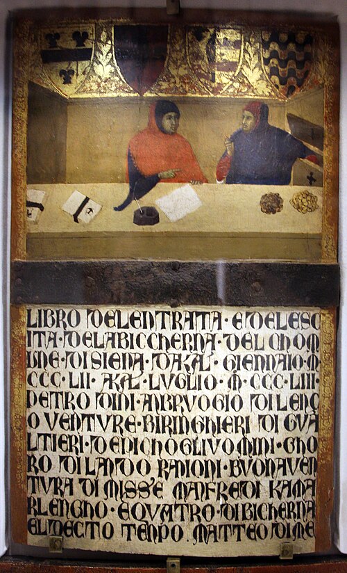il camarlingo e lo scrittore nel loro ufficio, 1353, Bartolomeo Bulgarini