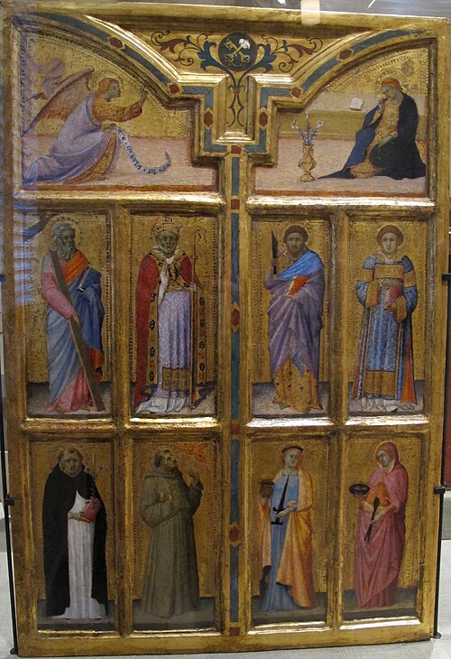 Annunciate Angel, the Apostle Andrew, a Bishop Saint (Savinus?), and Saints Dominic and Francis of A, 1360, Bartolomeo Bulgarini