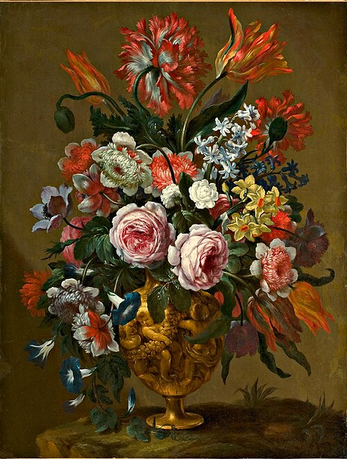 Flowers in a decorated vase (2), 1700, Bartolomeo Bimbi