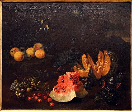 natura morta con frutta e due cardellini, 1697, Bartolomeo Bimbi