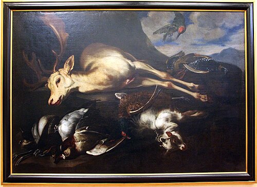 cacciagione con un daino, un capretto e vari uccelli, , Bartolomeo Bimbi