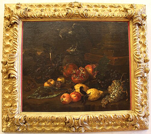 natura morta con frutta, ortaggi e falco, 1697, Bartolomeo Bimbi