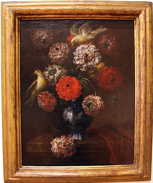 vaso di fiori con due uccelletti bianchi e gialli, , Bartolomeo Bimbi