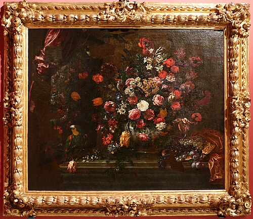 mazzo di fiori con frutti, pappagallo e uno specchio, , Bartolomeo Bimbi