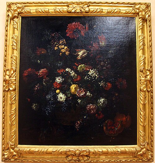 paniere di fiori con melagrane e susine sul piano, , Bartolomeo Bimbi