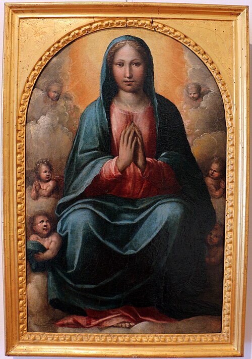madonna tra angeli e cherubini, testa di bara dalla chiesa della misericordia di grosseto, , Bartolomeo Neroni