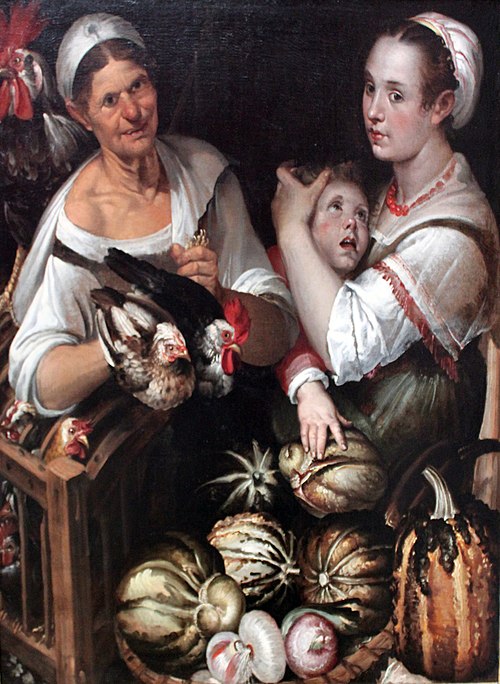 Deux femmes et un garçon sur le marché avec du poulet et des légumes, 1580, Bartolomeo Passarotti