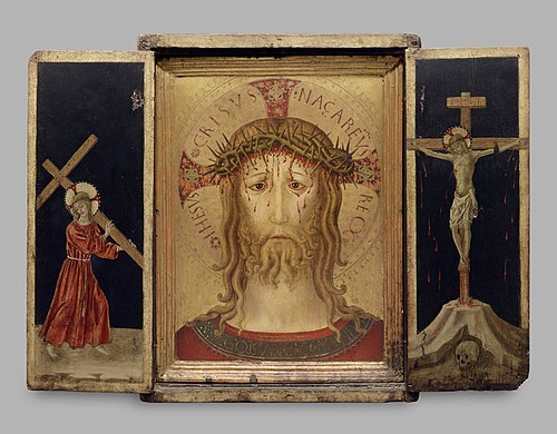 Christ Carrying the Cross; Christ the Redeemer; the Crucifixion, 1457, Benedetto Bonfigli