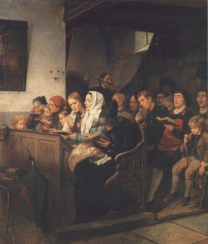 Village church with worshippers, 1858, Benjamin Vautier