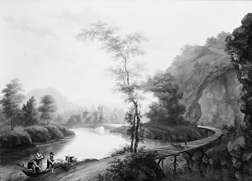 Bjerglandskab med en bro, 1808, Heinrich August Grosch
