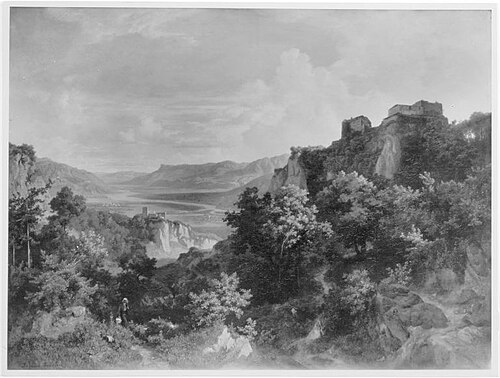 Blick auf das Etschtal mit Schloss Tirol, 1851, Bernhard Fries