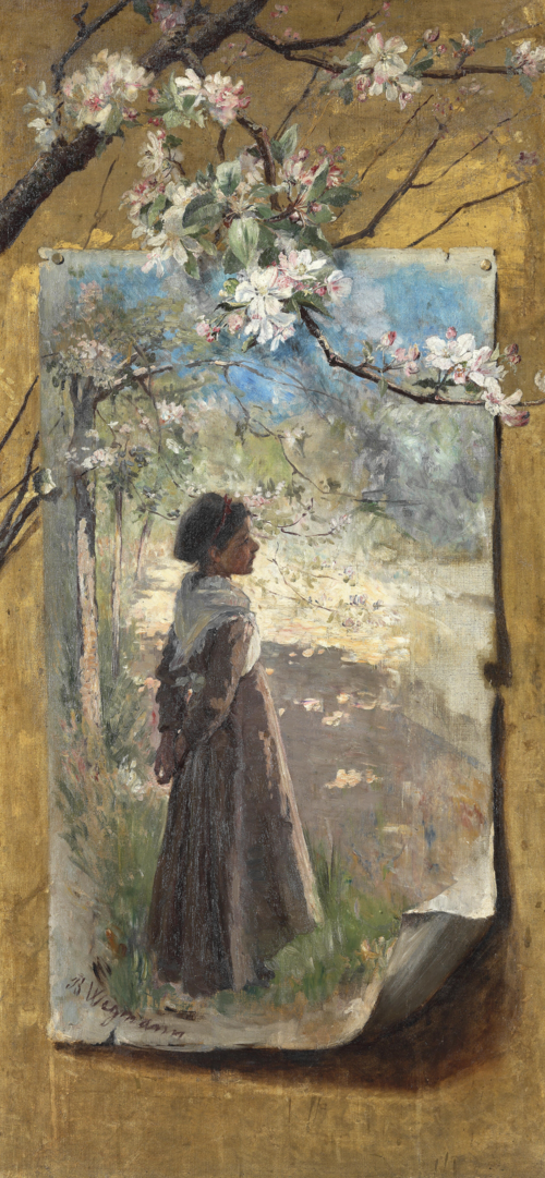 Trompe l'oeil med en lille pige stående under et blomstrende æbletræ på et lærred fastgjort på en væ, , Bertha Wegmann