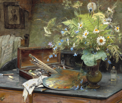 Interiør med markbuket, kunstnerens malerkasse, palet og en halvt røget cerut, , Bertha Wegmann