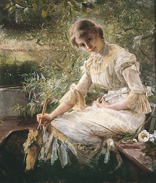 En ung pige, Marie Triepcke, siddende i en båd, 1884, Bertha Wegmann