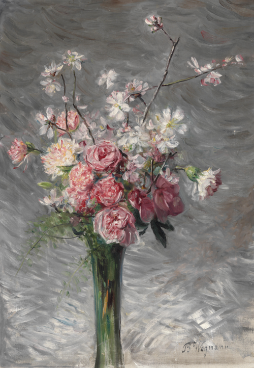 Opstilling med lyserøde roser, nelliker og blomstrende kirsebærgrene i en vase, , Bertha Wegmann
