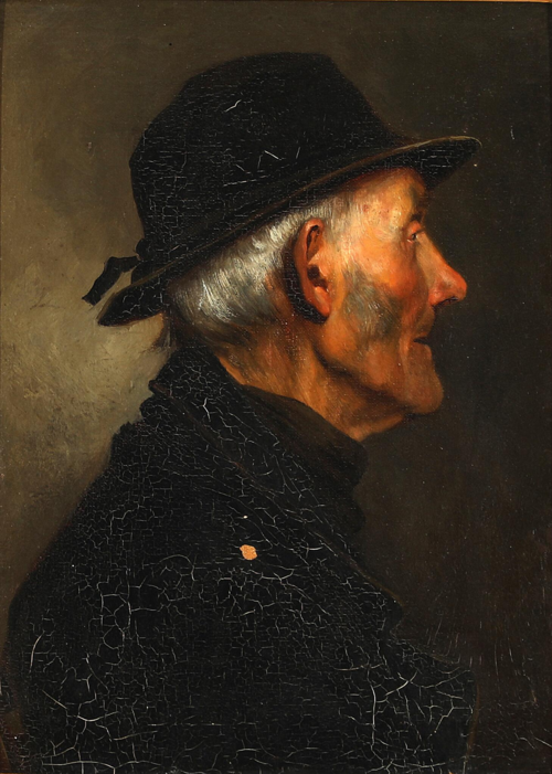 Portræt af en gammel sortklædt mand med hat, , Bertha Wegmann
