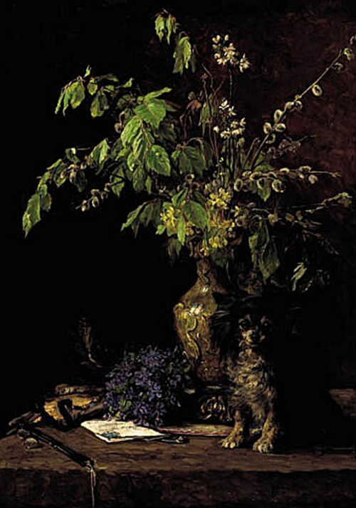 Arrangement of spring flowers, violets and a small dog., 1904, Bertha Wegmann