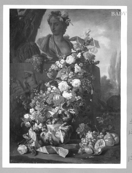 Stillleben mit Blumen, Früchten und Flora-Büste, 1683, Frans Werner Tamm