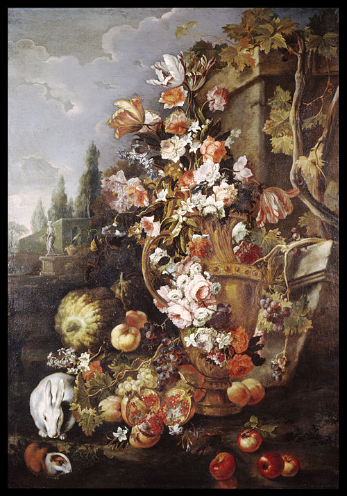 Still Life of Flowers and Fruits in a Garden, 1705, Frans Werner Tamm