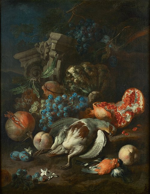 Fruit piece with dead partridge and male bullfinch, 1720, Frans Werner Tamm