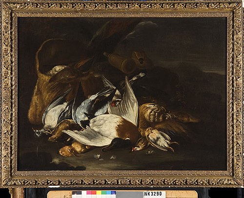 Stilleven met dode vogels en een weitas, 1702, Franz Werner Tamm