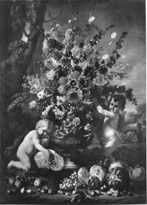 Blumen, Früchte und Kinder am Boden eines Gartens, 1691, Franz Werner Tamm