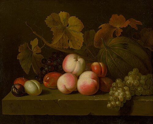 Zátišie s broskyňami, hroznom, slivkami a melónom, 1710, Jakob Bogdani