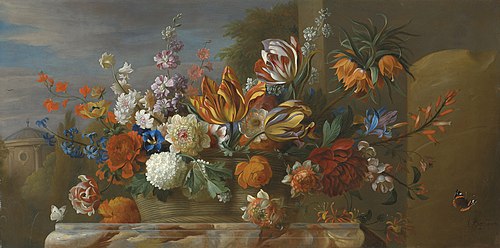 Tulips, peonies and other flowers in a basket on a plinth, , Jakob Bogdani